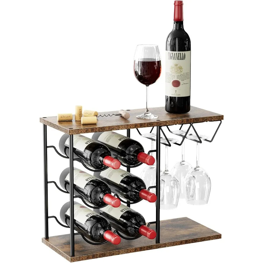 Countertop Wine Rack for 6 Bottles and 4 Glasses