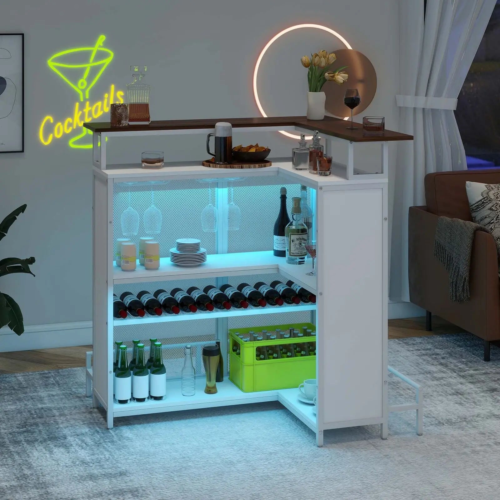 L Shaped Mini Home Bar Unit Wine Rack Glasses Hanger with Music Sensing LED Light