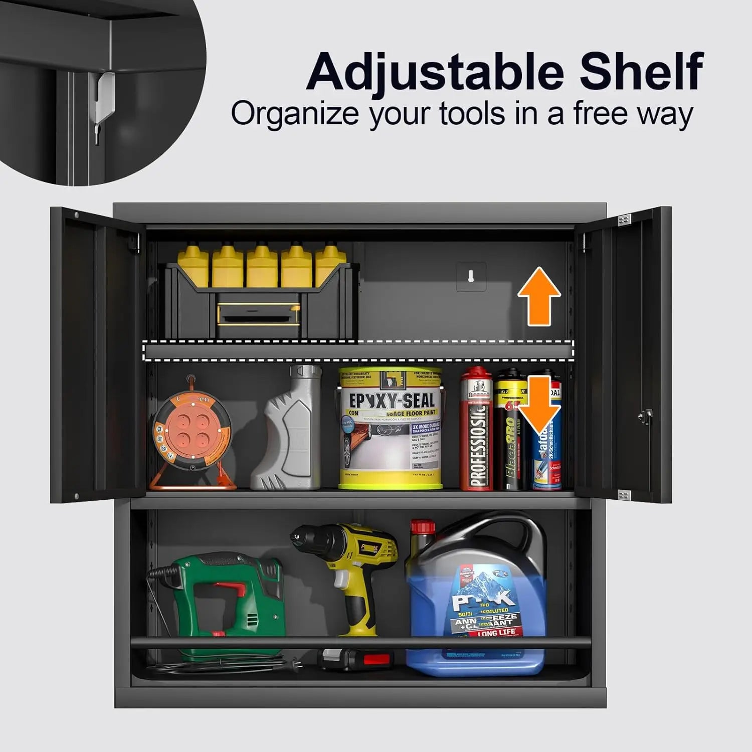 31" H Locking Metal Garage Storage Cabinet with Doors and Shelves, Lockable Wall Cabinet Storage, Black Steel Wall Mount