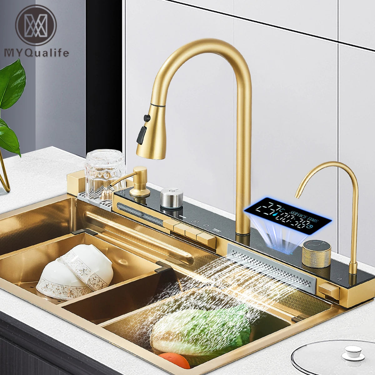 Golden Digital Display Integrated Kitchen Sink Set
