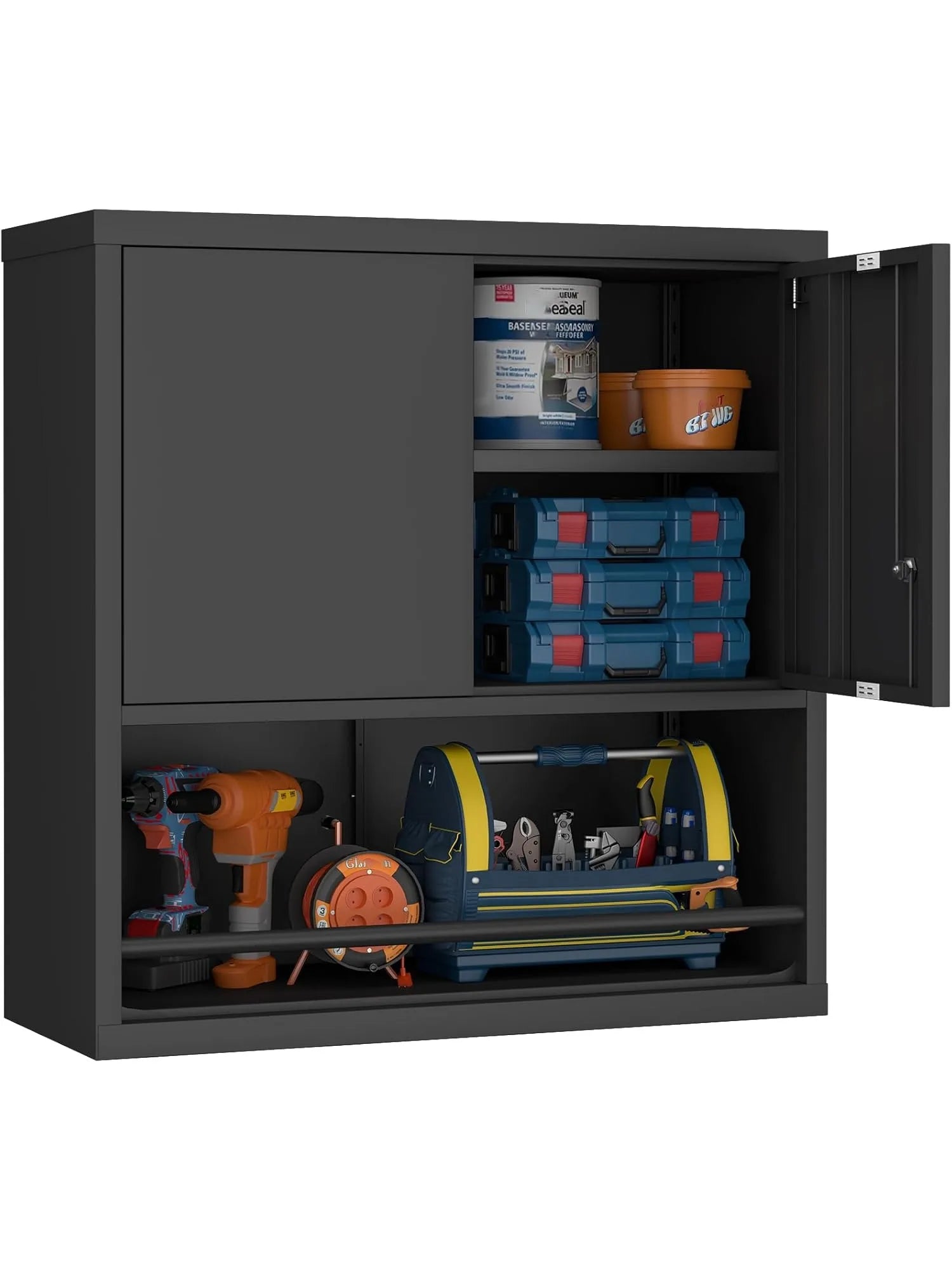 31" H Locking Metal Garage Storage Cabinet with Doors and Shelves, Lockable Wall Cabinet Storage, Black Steel Wall Mount