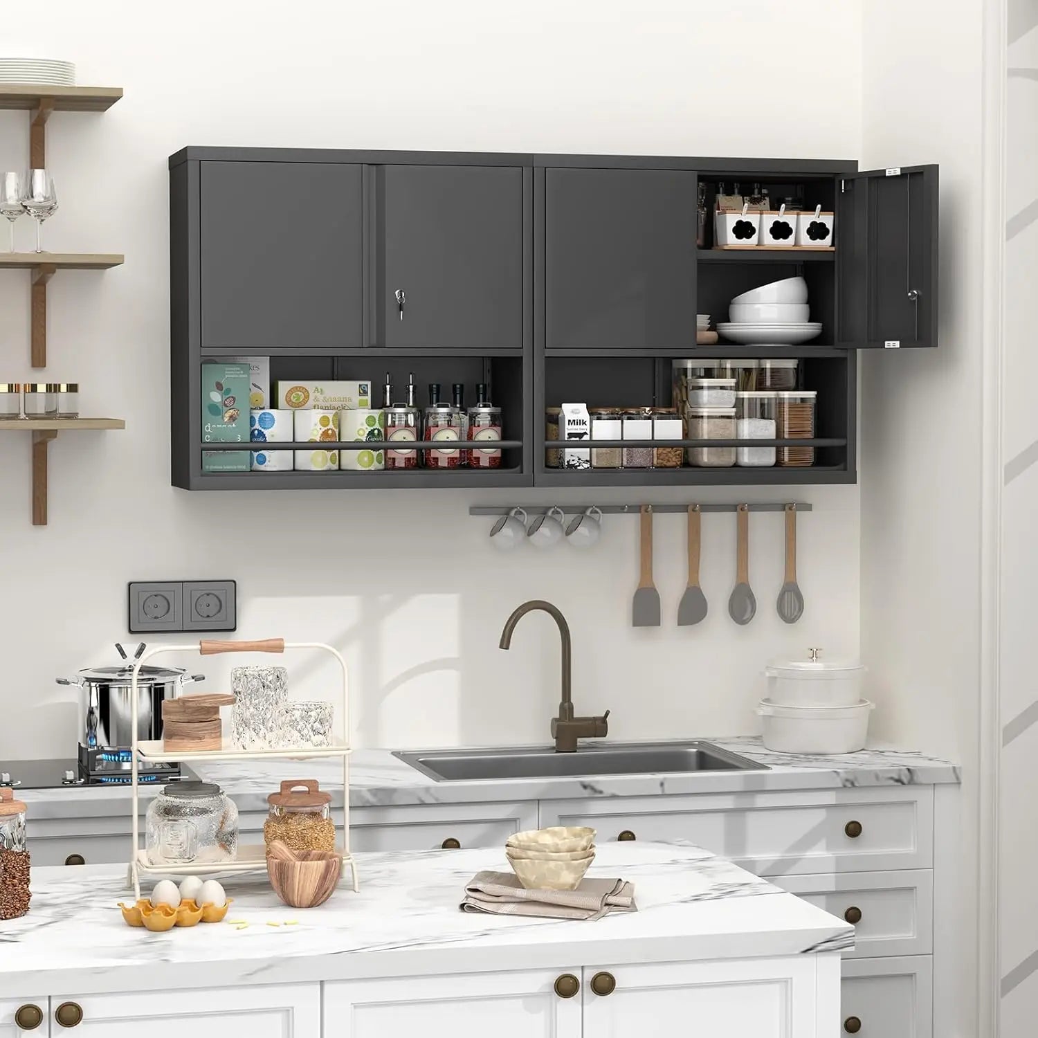 31" H Locking Metal Garage Storage Cabinet with Doors and Shelves, Lockable Wall Cabinet Storage, Black Steel Wall Mount