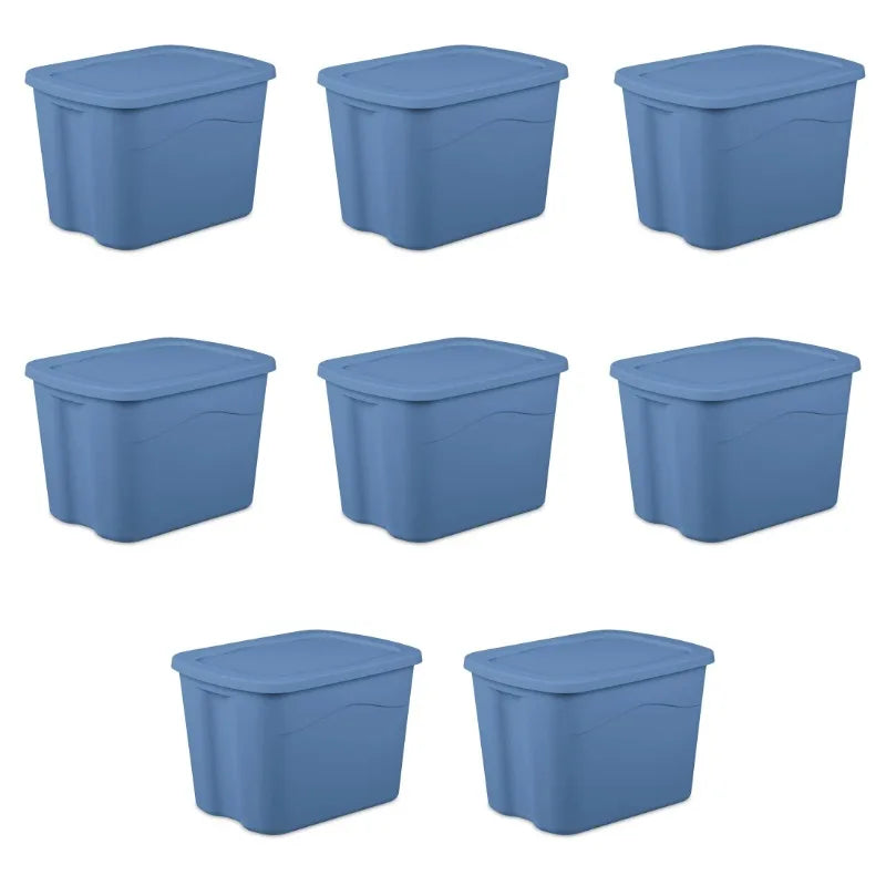 Sterilite Large Storage Bin, 18 Gallon Plastic Storage Container with Snap-on Lid, Light Blue, 8 Pack