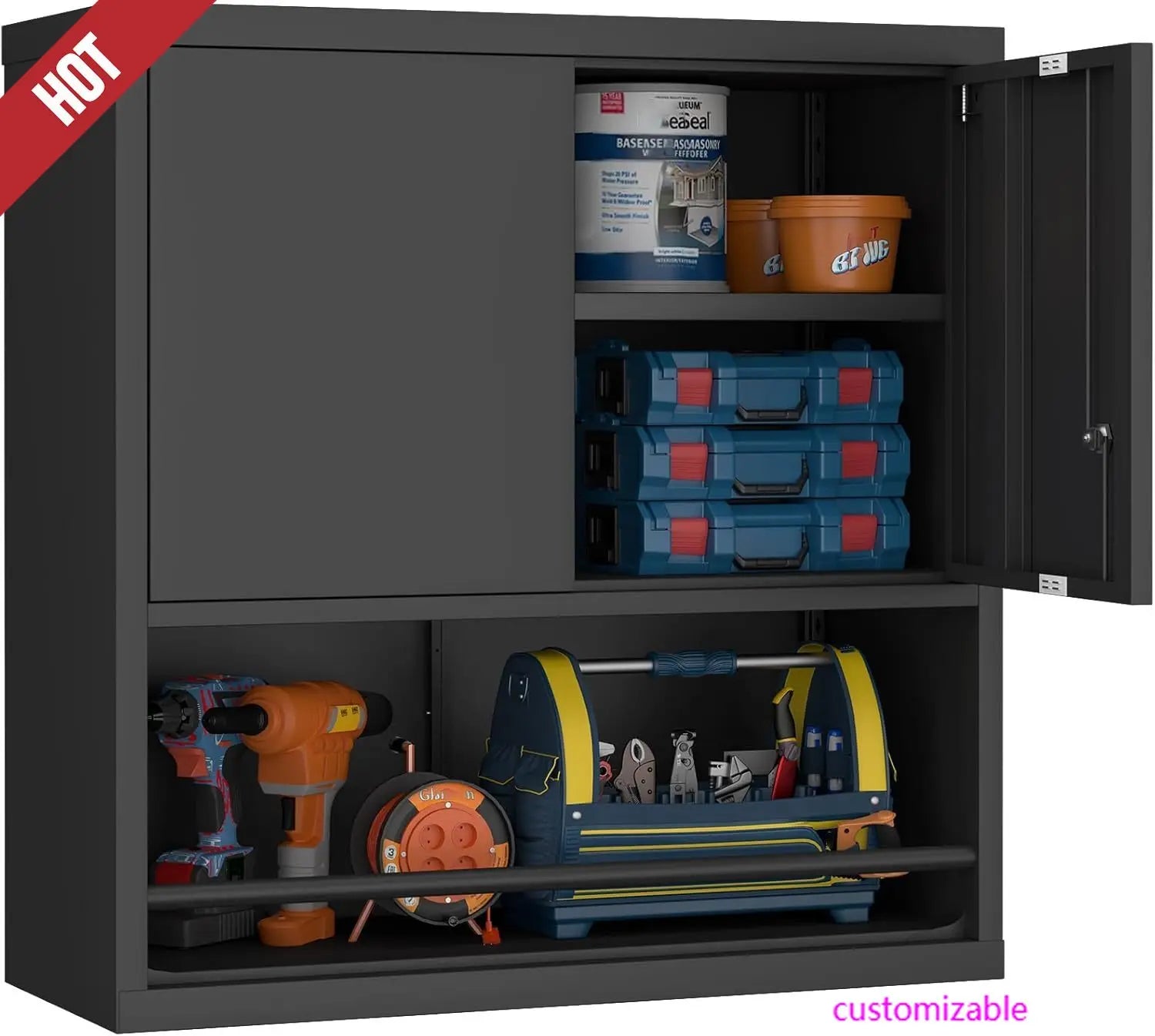 31" H Locking Metal Garage Storage Cabinet with Doors and Shelves, Lockable Wall Cabinet Storage, Black Steel Wall Mount