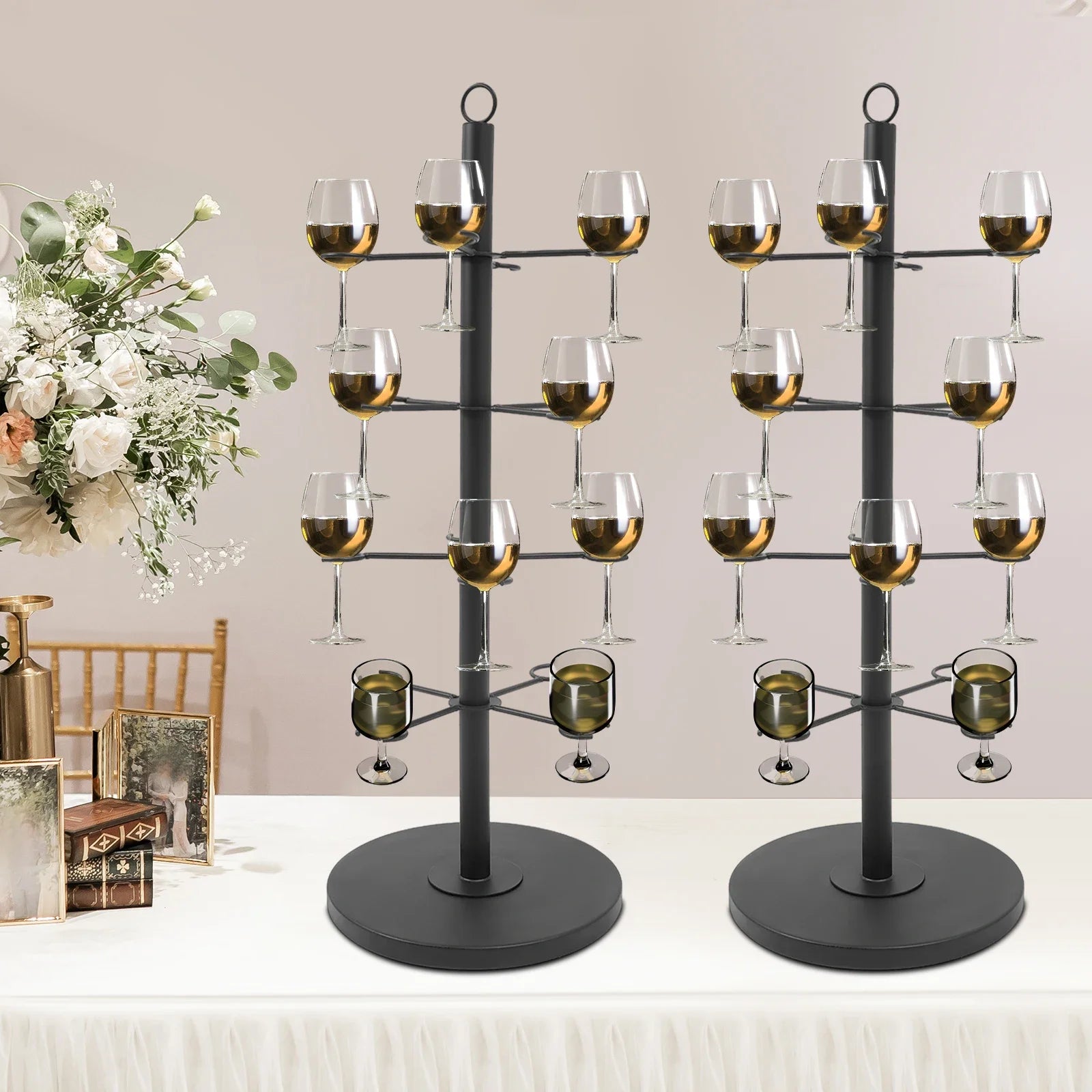 2-Tier Black Steel Wine Glass Holder, 16 Glasses per Tier
