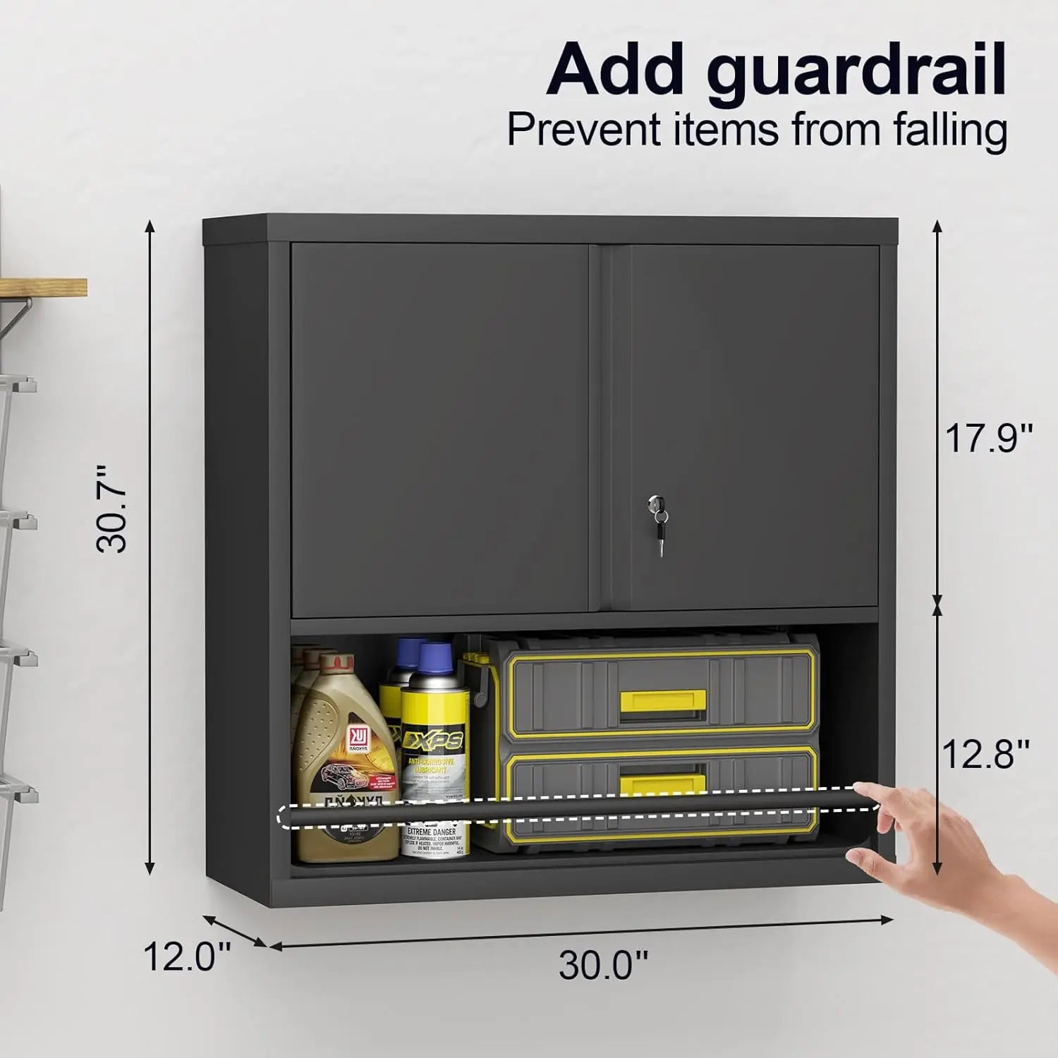 31" H Locking Metal Garage Storage Cabinet with Doors and Shelves, Lockable Wall Cabinet Storage, Black Steel Wall Mount