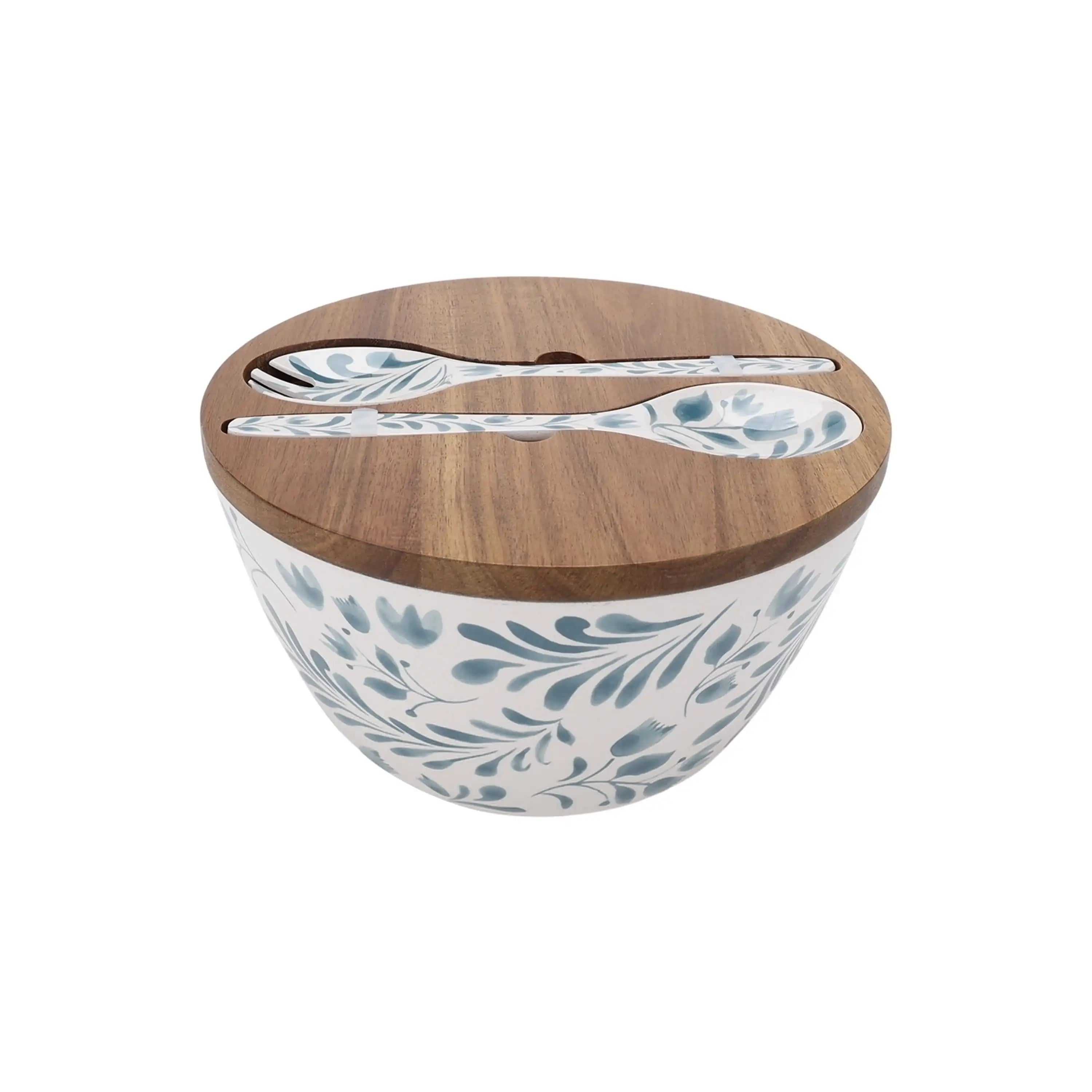 4-Piece Bamboo Salad Bowl, Utensil Set w/Acacia Wood Lid