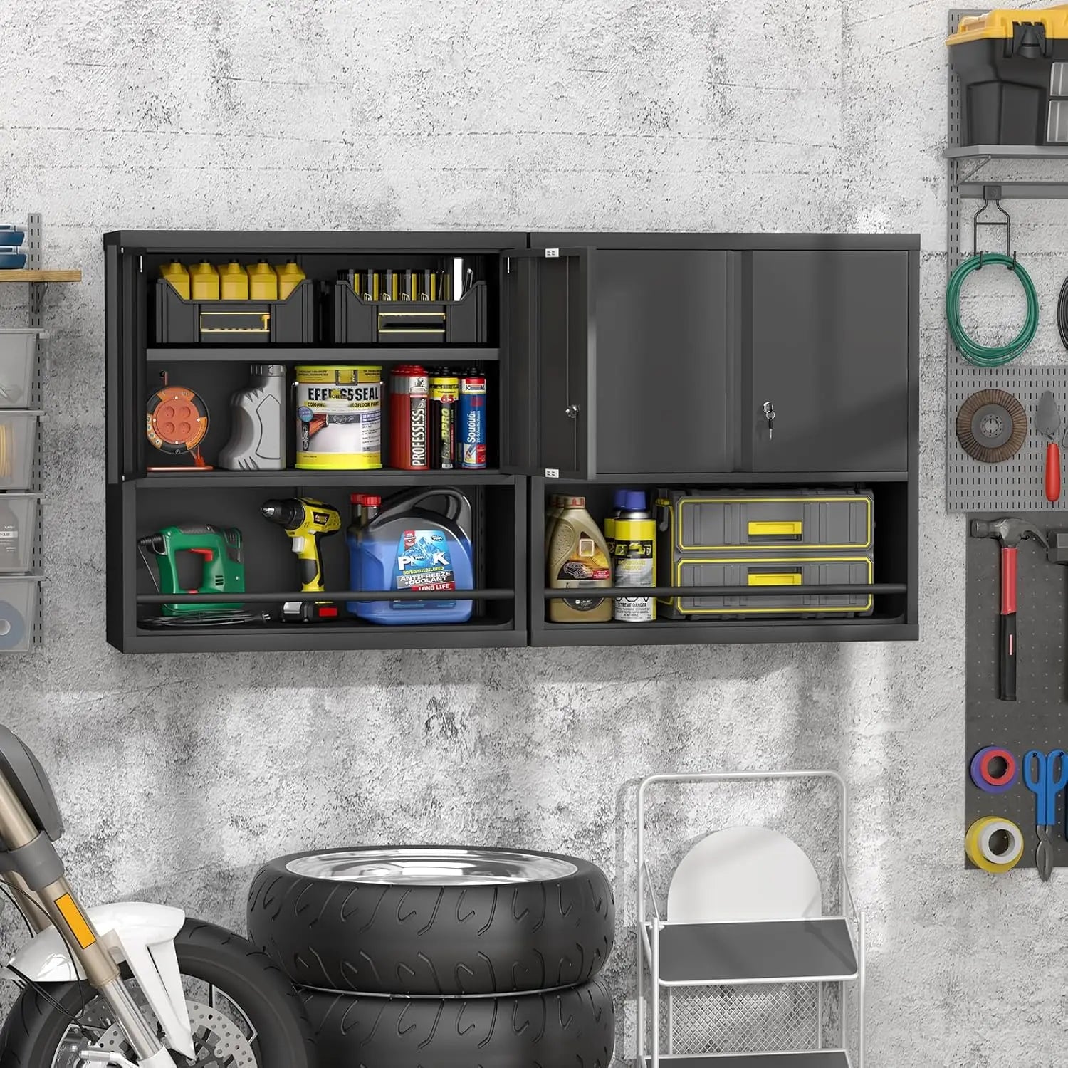 31" H Locking Metal Garage Storage Cabinet with Doors and Shelves, Lockable Wall Cabinet Storage, Black Steel Wall Mount